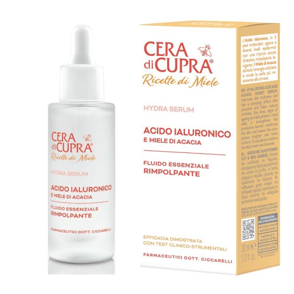 cera-di-cupra-ricette-di-miele-acido-ialuronico-siero-concentrato-veelzijdig-serum-met-hyaluronzuur-en-acaciahoning - Doosje en flesje 30ml