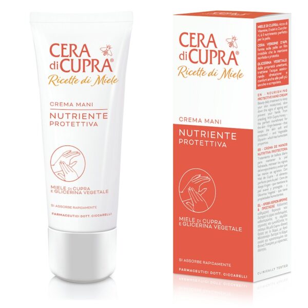 cera-di-cupra-ricetta-di-miele-crema-mani-nutriente-Prottetiva-verzorgende-voedende-en-beschermende-handcrème-doosje-en-tube